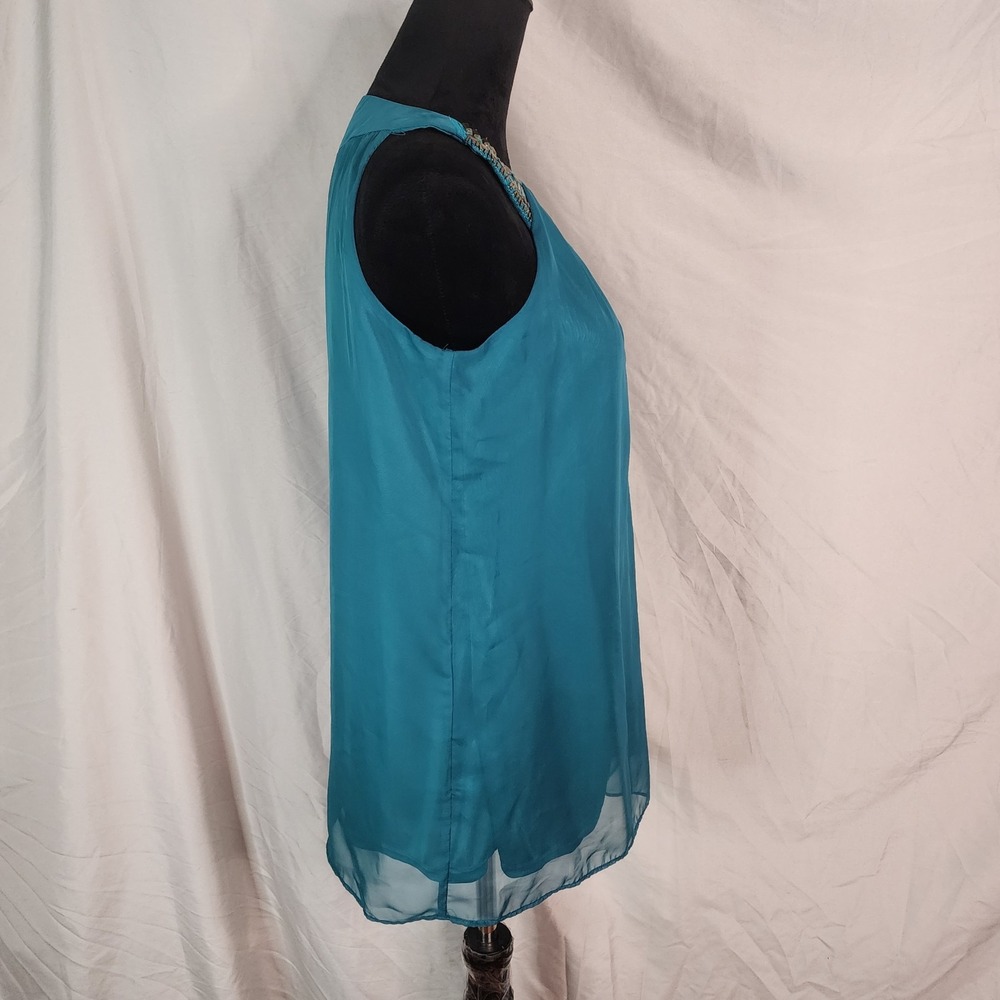 New w/tag NY COLLECTION Size Medium Teal Pleated Chiffon Beaded Sleeveles Blouse - Picture 5 of 12